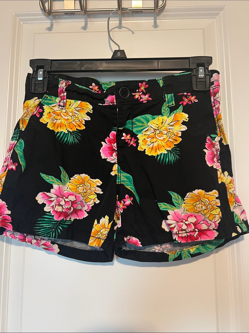 Old Navy Black Floral Bermuda Shorts with Yellow & Pink Blooms